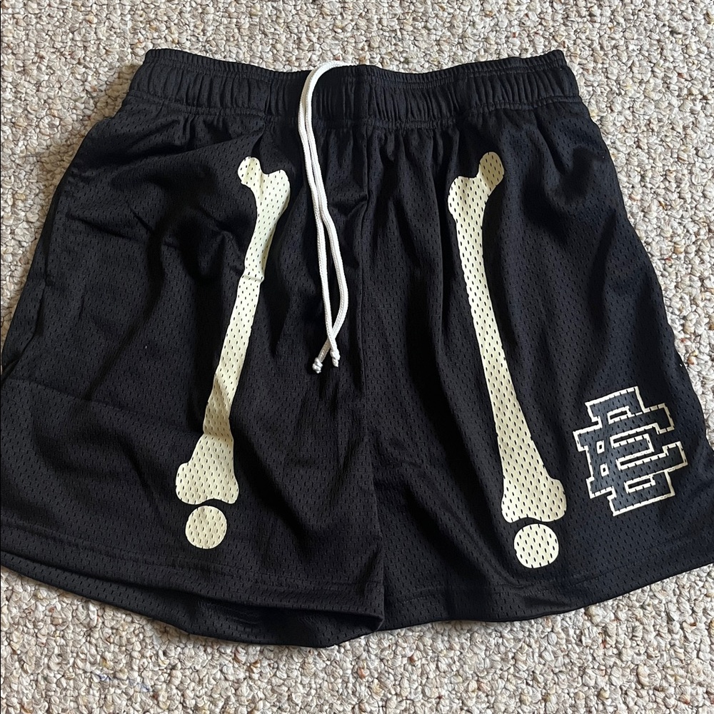 Eric Emanuel Black Mesh Shorts with Cream Bone Graphics